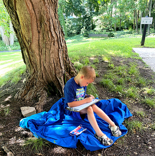 A child sitting on a blanket next to a tree coloring on a clipboard