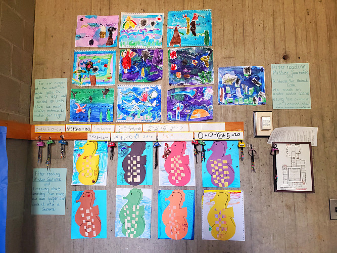 Drawings posted on a wall in a classroom