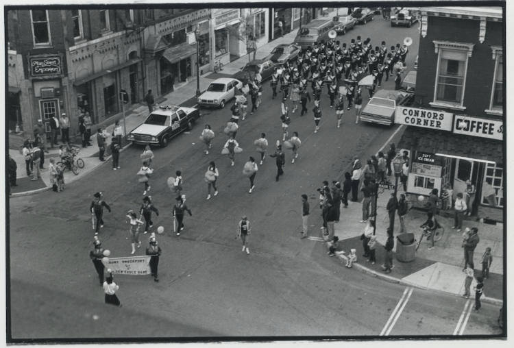 Black and white aerial photo of parade.