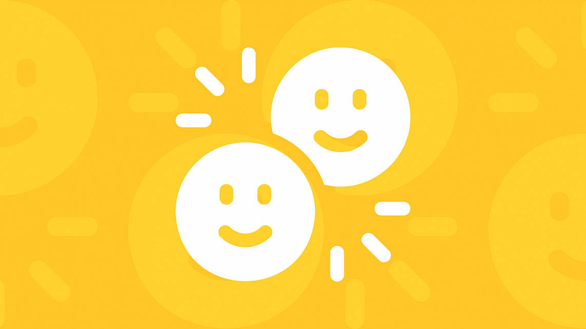graphic of two happy faces over a yellow background.
