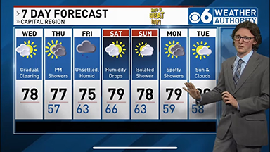 Nathan Himpsel in front of a green screen displaying a 7 day weather forecast