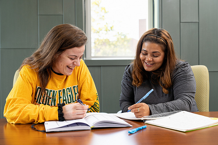 Two students talking at a desk with pens in their hands