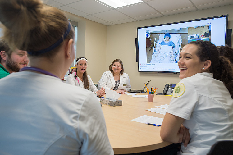 nursing students talk around a table with their professor