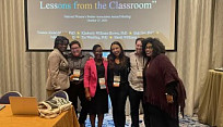 Six people standing in front of screen that reads Critical Pedagogies in Practice: Lessons from the Classroom