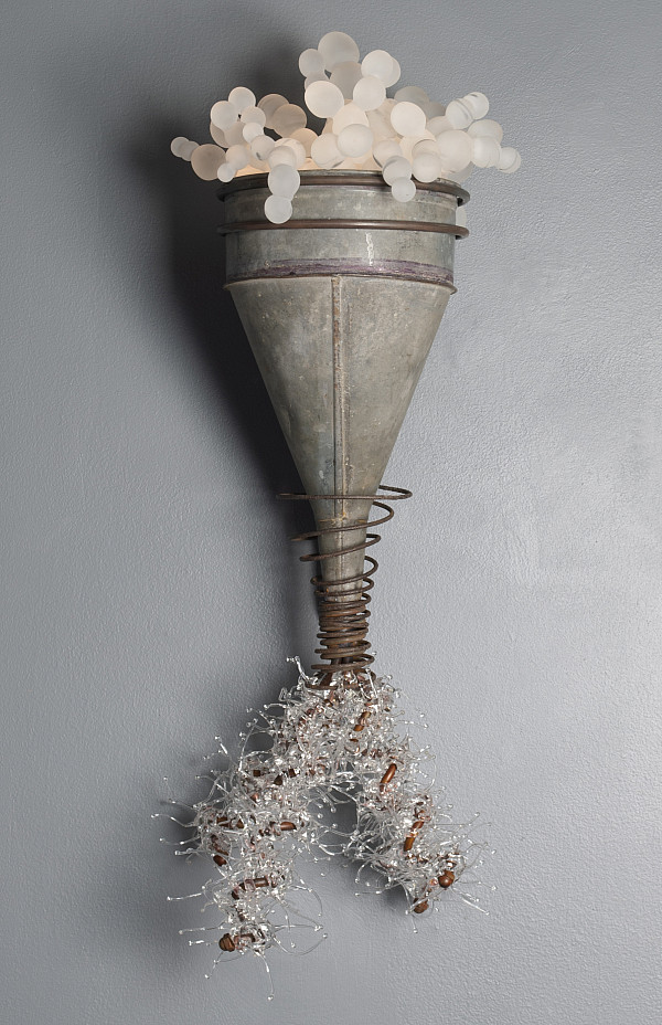 Rain Maker 30x10x10, 2021 flameworked glass, welded steel & found objects