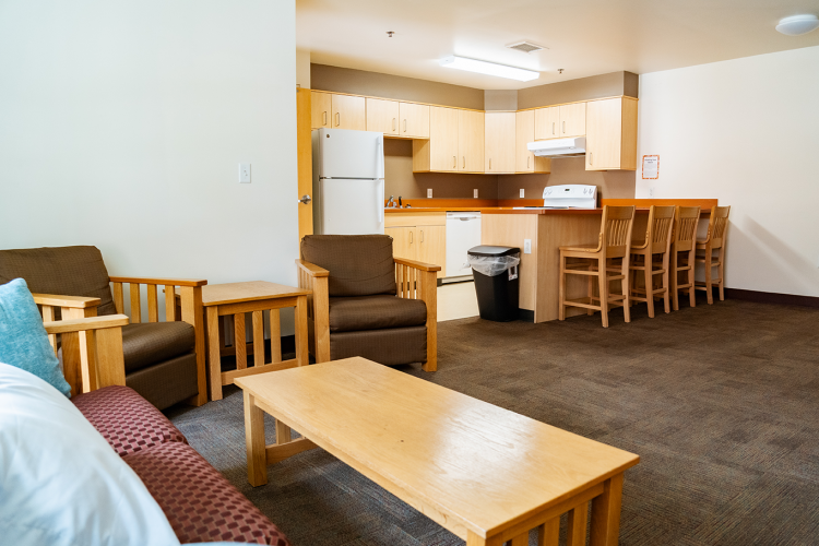 Angled view of the living room and kitchen with lounge chairs and barstools