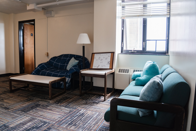Angled view of a living room with a couch, coffee table, and another couch