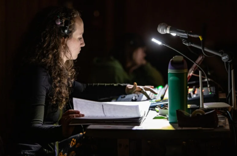 Kaleigh Green live mixing audio for A Year with Frog and Toad, the production for which she received ACTF Design Excellence recognition i...